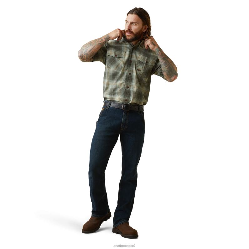 Ariat tapas hombres camisa de trabajo durastretch resistente hecha con barras de refuerzo P0RPZ1011 cuadros verde limo