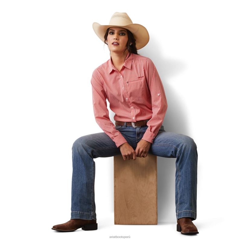 Ariat tapas mujer camisa elástica venttek P0RPZ2784 aura naranja/cuadro blanco