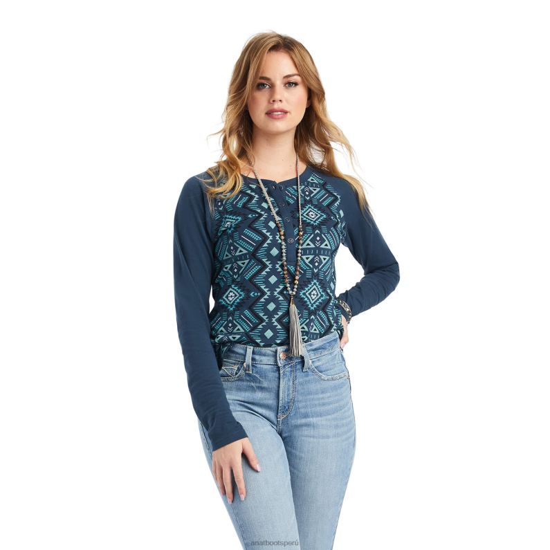 Ariat tapas mujer camisa henley estampada real P0RPZ2989 laberinto multicolor/azul marino medianoche