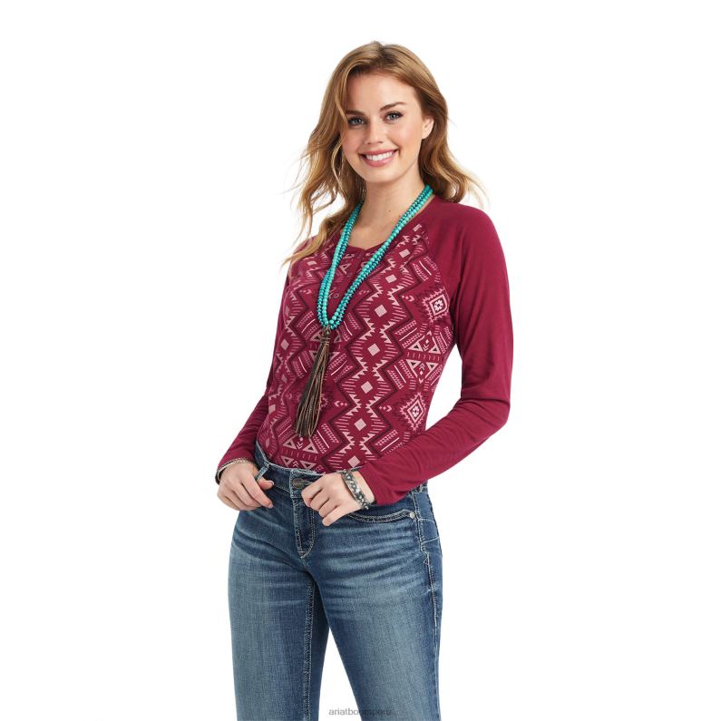 Ariat tapas mujer camisa henley estampada real P0RPZ3001 laberinto multi/rojo remolacha