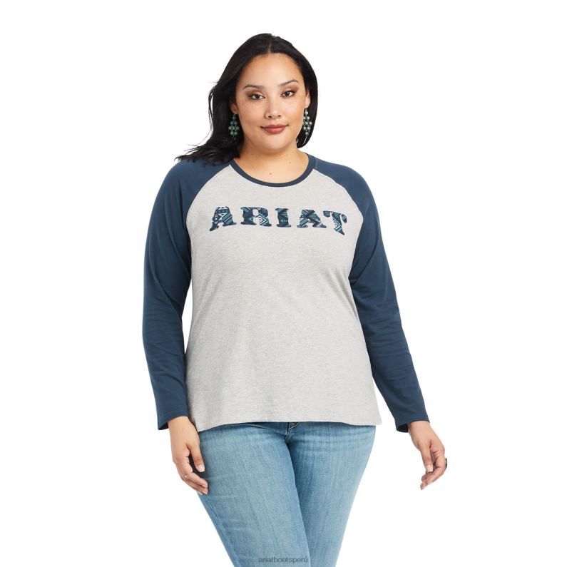 Ariat tapas mujer verdadera camiseta de béisbol P0RPZ3207 gris jaspeado/azul medianoche