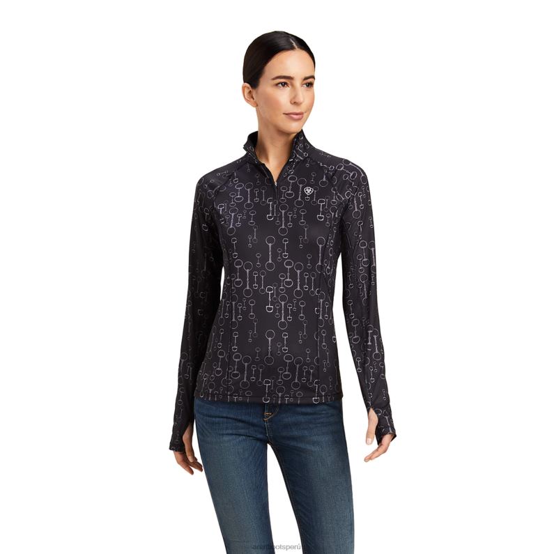 Ariat tapas mujer camiseta interior lowell 2.0 1/4 con cremallera P0RPZ3145 impresión de bits negros